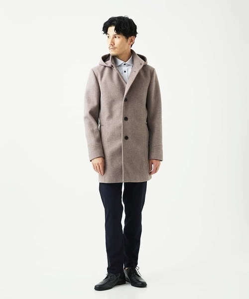 MK MICHEL KLEIN HOMME （エムケーミッシェルクランオム）の「【4サイズ展開/フード着脱/ストレッチ】フード付きコート/RETECメルトン（ステンカラーコート・メンズ・ブラック/ブラウン/ライトブラウン・51/48/46）」の7枚目の写真