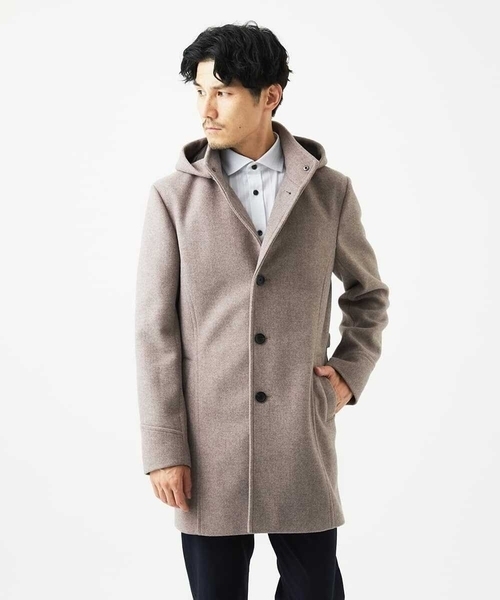 MK MICHEL KLEIN HOMME （エムケーミッシェルクランオム）の「【4サイズ展開/フード着脱/ストレッチ】フード付きコート/RETECメルトン（ステンカラーコート・メンズ・ブラック/ブラウン/ライトブラウン・51/48/46）」の8枚目の写真