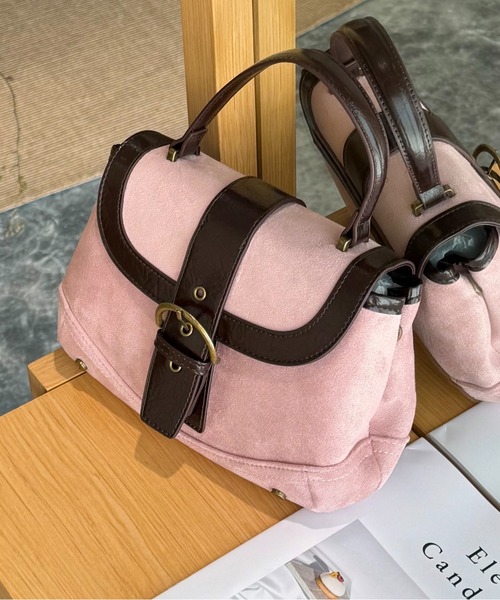 FINEnough(ファインナフ)の「配色ベルトデザイン フェイクスエード2WAYショルダーバッグ(ショルダーバッグ・レディース・ピンク/キャメル/ブラック・FREE)」の5枚目の写真