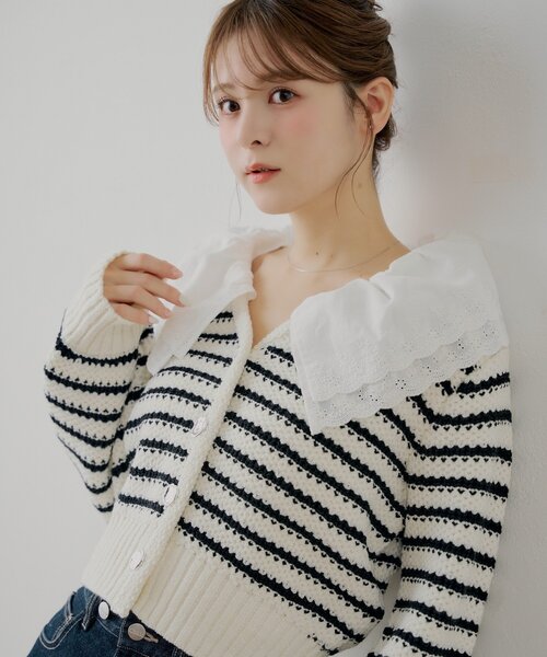 chikoページ SALON by Chico】フリルダブルカラー柄編みカーディガン（カーディガン