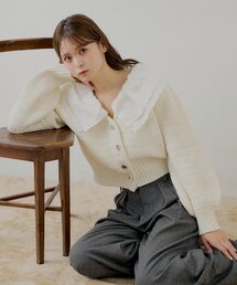 【SALON by Chico】フリルダブルカラー柄編みカーディガン