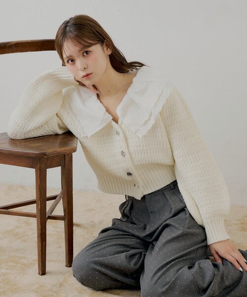 chikoページ SALON by Chico】フリルダブルカラー柄編みカーディガン（カーディガン