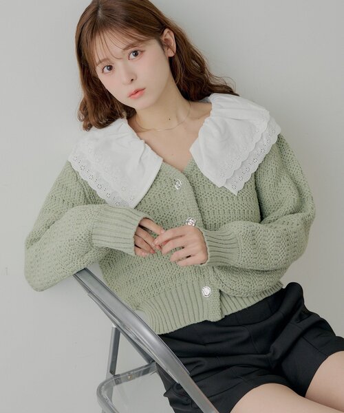 Chico（チコ）の「【SALON by Chico】フリルダブルカラー柄編みカーディガン（カーディガン/ボレロ・レディース・ホワイト系その他2/ネイビー/アイボリー/ミント・FREE）」の3枚目の写真