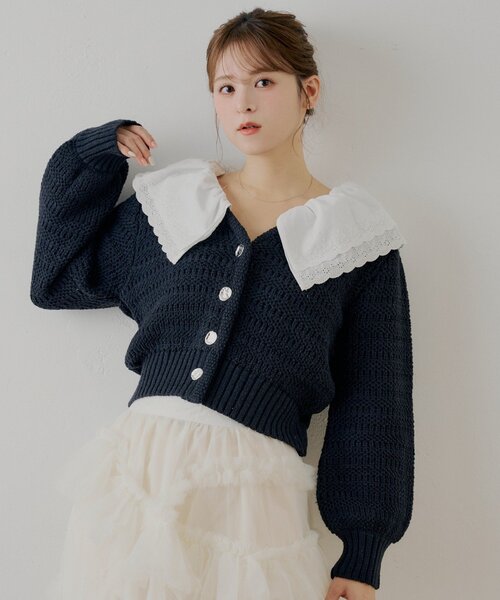 Chico（チコ）の「【SALON by Chico】フリルダブルカラー柄編みカーディガン（カーディガン/ボレロ・レディース・ホワイト系その他2/ネイビー/アイボリー/ミント・FREE）」の18枚目の写真