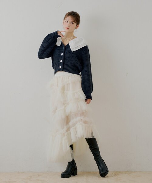 Chico（チコ）の「【SALON by Chico】フリルダブルカラー柄編みカーディガン（カーディガン/ボレロ・レディース・ホワイト系その他2/ネイビー/アイボリー/ミント・FREE）」の19枚目の写真