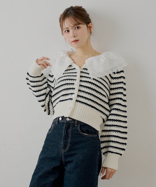 SALON by Chico】フリルダブルカラー柄編みカーディガン（カーディガン