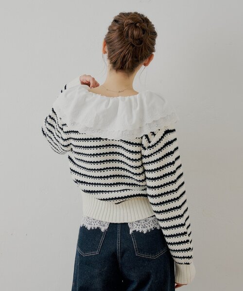 Chico（チコ）の「【SALON by Chico】フリルダブルカラー柄編みカーディガン（カーディガン/ボレロ・レディース・ホワイト系その他2/ネイビー/アイボリー/ミント・FREE）」の8枚目の写真