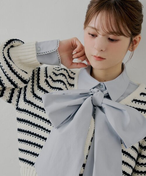 chikoページ SALON by Chico】フリルダブルカラー柄編みカーディガン（カーディガン