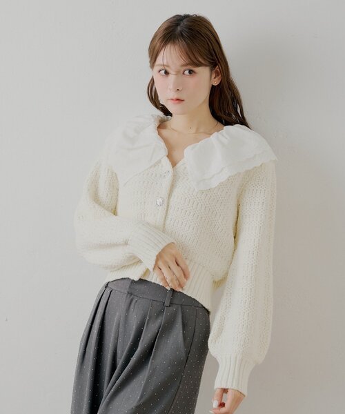 Chico（チコ）の「【SALON by Chico】フリルダブルカラー柄編みカーディガン（カーディガン/ボレロ・レディース・ホワイト系その他2/ネイビー/アイボリー/ミント・FREE）」の11枚目の写真