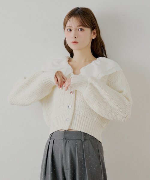 Chico（チコ）の「【SALON by Chico】フリルダブルカラー柄編みカーディガン（カーディガン/ボレロ・レディース・ホワイト系その他2/ネイビー/アイボリー/ミント・FREE）」の14枚目の写真