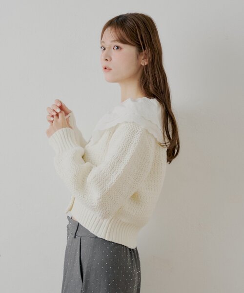 SALON by Chico】フリルダブルカラー柄編みカーディガン（カーディガン