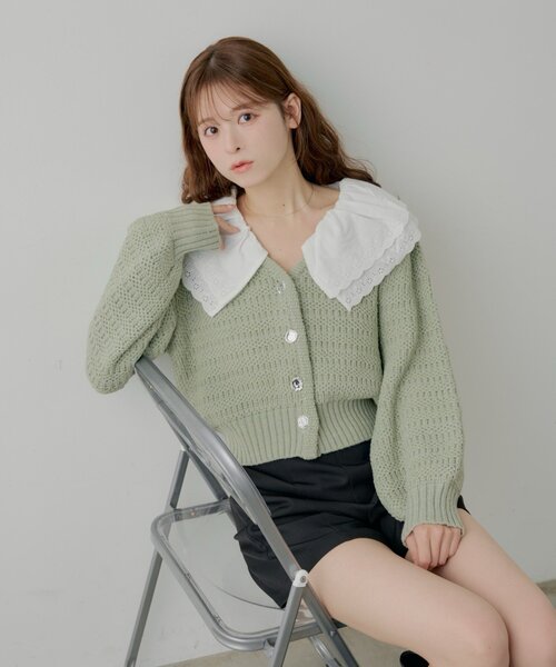 Chico（チコ）の「【SALON by Chico】フリルダブルカラー柄編みカーディガン（カーディガン/ボレロ・レディース・ホワイト系その他2/ネイビー/アイボリー/ミント・FREE）」の16枚目の写真