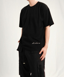 JUSTHANG（ジャストハング）の「フェルバスポイントロゴ ブラックオーバーサイズ半袖Tシャツ（Tシャツ/カットソー）」