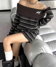 inst.ALL（インストール）の「刺しゅうロゴボーダーオフショルニットトップス×ショートパンツセット（ニット/セーター）」