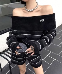 刺しゅうロゴボーダーオフショルニットトップス×ショートパンツセット