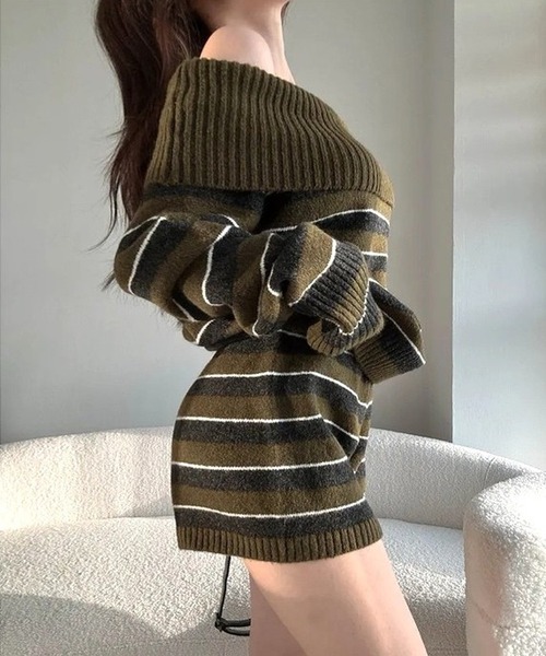 inst.ALL(インストール)の「刺しゅうロゴボーダーオフショルニットトップス×ショートパンツセット(ニット/セーター・レディース・ブラック/カーキ/ダークブラウン・M)」の14枚目の写真