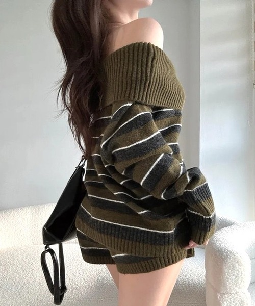 inst.ALL(インストール)の「刺しゅうロゴボーダーオフショルニットトップス×ショートパンツセット(ニット/セーター・レディース・ブラック/カーキ/ダークブラウン・M)」の15枚目の写真