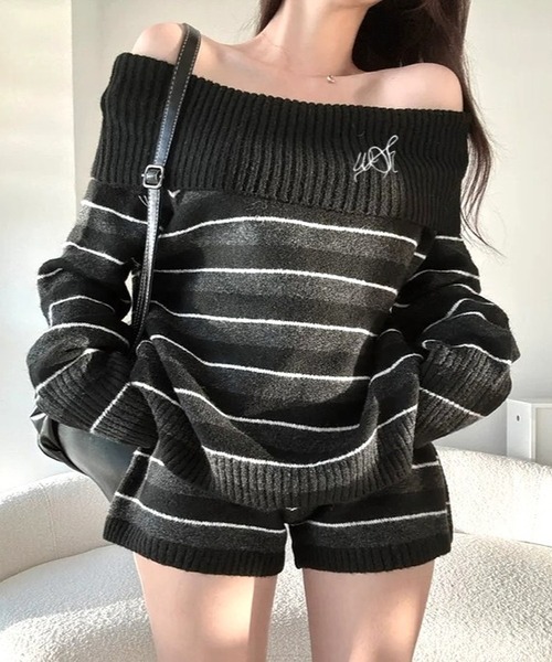 inst.ALL(インストール)の「刺しゅうロゴボーダーオフショルニットトップス×ショートパンツセット(ニット/セーター・レディース・ブラック/カーキ/ダークブラウン・M)」の20枚目の写真