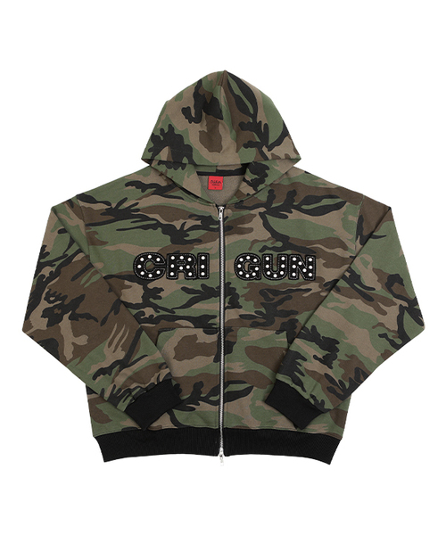 APPLIQUE RIVET ZIP UP HOODIE CAMO — камуфляжная худи с заклёпками и молнией