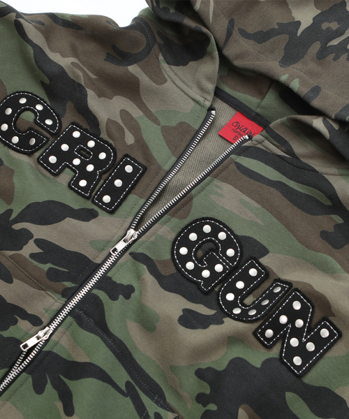 CRIGUN(クリガン)の「APPLIQUE RIVET ZIP UP HOODIE CAMO(パーカー・レディース・アーミー・WS/MEDIUM/LARGE/X-LARGE)」の3枚目の写真