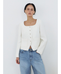 Button Square Tweed Jacket, White