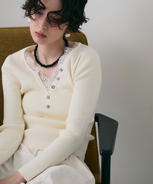 Trish（トリッシュ）の「レースレイヤードヘンリーネックリブニット（ニット/セーター・レディース・ブラウン/ホワイト/ピンク・FREE）」の20枚目の写真