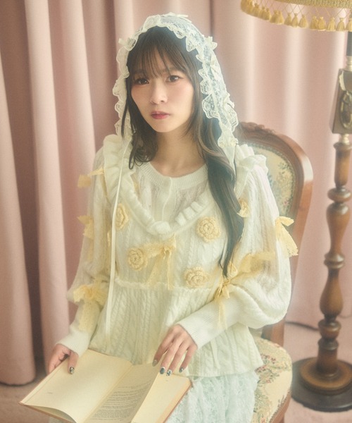 kutir(クティール)の「【クティールとレトロ】レースリボンパフスリーブカーディガン(カーディガン/ボレロ・レディース・オフホワイト/アイボリー/ピンク・FREE)」の2枚目の写真