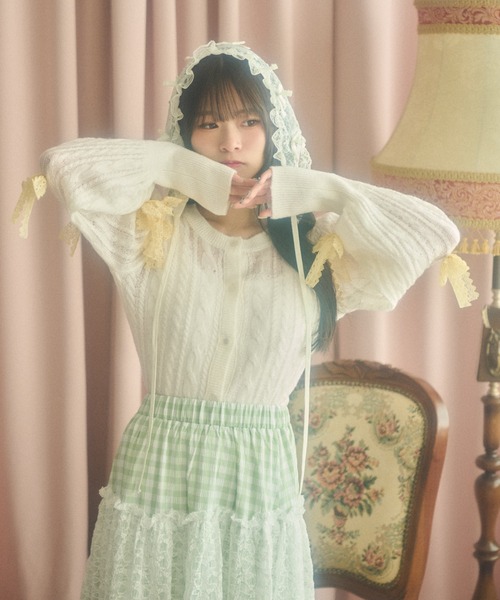 kutir(クティール)の「【クティールとレトロ】レースリボンパフスリーブカーディガン(カーディガン/ボレロ・レディース・オフホワイト/アイボリー/ピンク・FREE)」の8枚目の写真