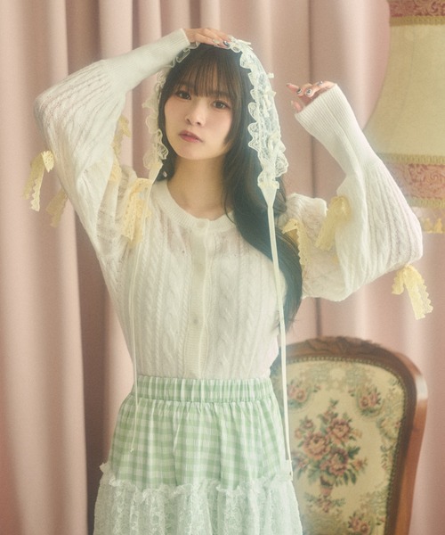 kutir(クティール)の「【クティールとレトロ】レースリボンパフスリーブカーディガン(カーディガン/ボレロ・レディース・オフホワイト/アイボリー/ピンク・FREE)」の5枚目の写真