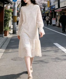 【春の新作】レース ミディ丈ロングスリーブ ハイネックワンピース
