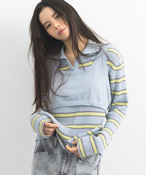 CRAFT STANDARD BOUTIQUE（クラフトスタンダードブティック）の「2点セット/ベスト＋ハーフボタンリブニットトップ◆（ニット/セーター・レディース・ライトブルー/ベージュ/ライトグレー・FREE）」の5枚目の写真