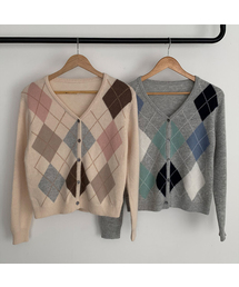 Argyle V-neck Wool Knit Cardigan (2colors)