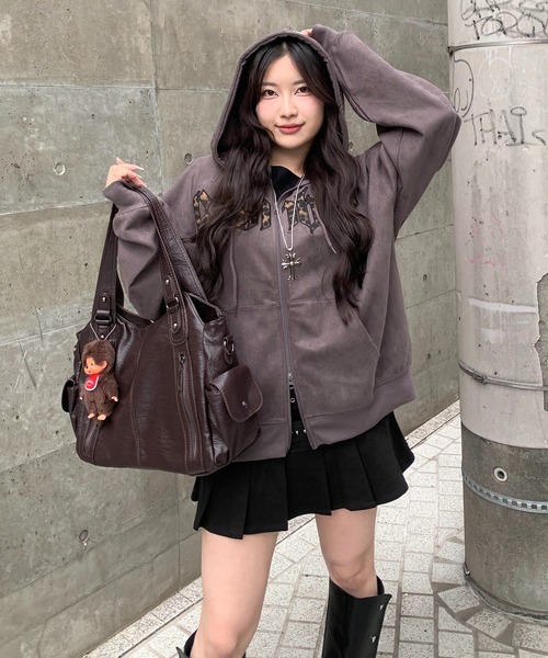 lilful（リルフル）の「レオパードロゴ スエードダブルジップパーカー（パーカー・レディース・ピンク/チャコール・M/L）」の7枚目の写真