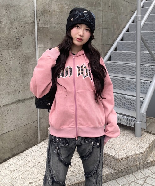 lilful（リルフル）の「レオパードロゴ スエードダブルジップパーカー（パーカー・レディース・ピンク/チャコール・M/L）」の4枚目の写真