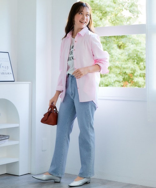 SMILE LAND（スマイルランド）の「＜大きいサイズ＞ゆるシルエットストライプシャツ（シャツ/ブラウス・レディース・ピンク系/ネイビー系/ブルー系・L/LL/3L/4L/5L）」の4枚目の写真