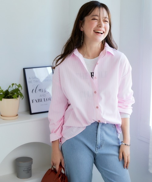 SMILE LAND（スマイルランド）の「＜大きいサイズ＞ゆるシルエットストライプシャツ（シャツ/ブラウス・レディース・ピンク系/ネイビー系/ブルー系・L/LL/3L/4L/5L）」の5枚目の写真
