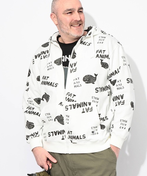 B&T CLUB(ビーティークラブ)の「パーカー 長袖 メンズ 大きいサイズ FAT ANIMALS クジラプリント フルジップ B&T CLUB (ビーアンドティークラブ)(パーカー・メンズ・ネイビー/アイボリー/ブラック・X1(3L~4L)/X2(4L~5L)/X3(6L~7L))」の1枚目の写真