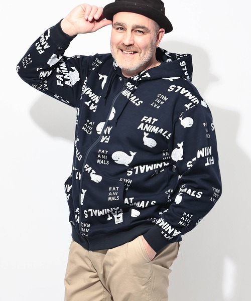 B&T CLUB(ビーティークラブ)の「パーカー 長袖 メンズ 大きいサイズ FAT ANIMALS クジラプリント フルジップ B&T CLUB (ビーアンドティークラブ)(パーカー・メンズ・ネイビー/アイボリー/ブラック・X1(3L~4L)/X2(4L~5L)/X3(6L~7L))」の6枚目の写真