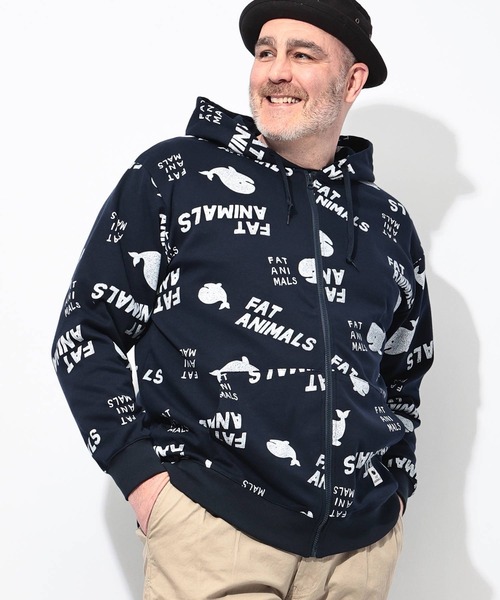B&T CLUB(ビーティークラブ)の「パーカー 長袖 メンズ 大きいサイズ FAT ANIMALS クジラプリント フルジップ B&T CLUB (ビーアンドティークラブ)(パーカー・メンズ・ネイビー/アイボリー/ブラック・X1(3L~4L)/X2(4L~5L)/X3(6L~7L))」の11枚目の写真