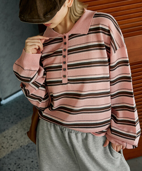 PUBLUX（パブリュクス）の「PUBLUX/パブリュクス ボーダー シアー ポロニット　限定展開（ポロシャツ・レディース・ブラウン/ブラック/ピンク・ﾌﾘ-）」の3枚目の写真