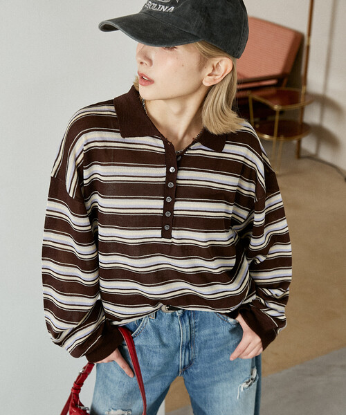 PUBLUX（パブリュクス）の「PUBLUX/パブリュクス ボーダー シアー ポロニット　限定展開（ポロシャツ・レディース・ブラウン/ブラック/ピンク・ﾌﾘ-）」の4枚目の写真