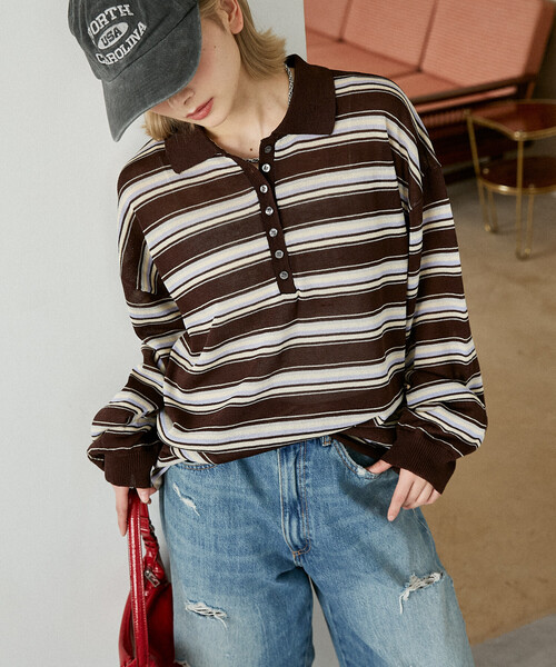 PUBLUX（パブリュクス）の「PUBLUX/パブリュクス ボーダー シアー ポロニット　限定展開（ポロシャツ・レディース・ブラウン/ブラック/ピンク・ﾌﾘ-）」の5枚目の写真