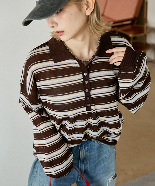 PUBLUX（パブリュクス）の「PUBLUX/パブリュクス ボーダー シアー ポロニット　限定展開（ポロシャツ・レディース・ブラウン/ブラック/ピンク・ﾌﾘ-）」の7枚目の写真