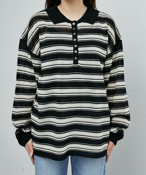 PUBLUX（パブリュクス）の「PUBLUX/パブリュクス ボーダー シアー ポロニット　限定展開（ポロシャツ・レディース・ブラウン/ブラック/ピンク・ﾌﾘ-）」の19枚目の写真