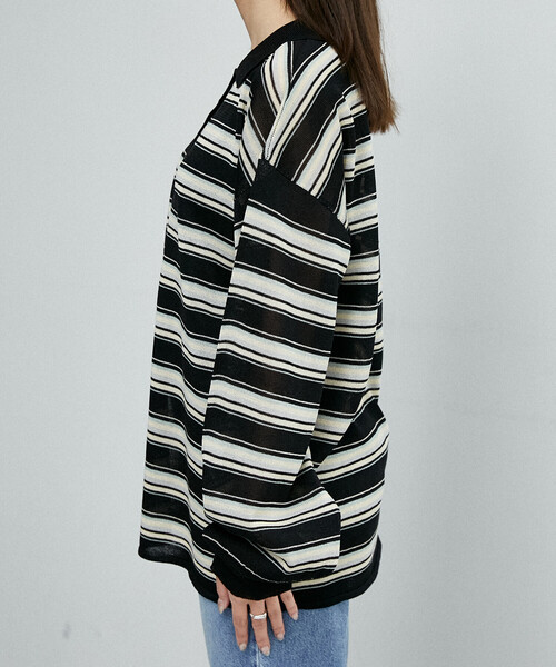 PUBLUX（パブリュクス）の「PUBLUX/パブリュクス ボーダー シアー ポロニット　限定展開（ポロシャツ・レディース・ブラウン/ブラック/ピンク・ﾌﾘ-）」の20枚目の写真