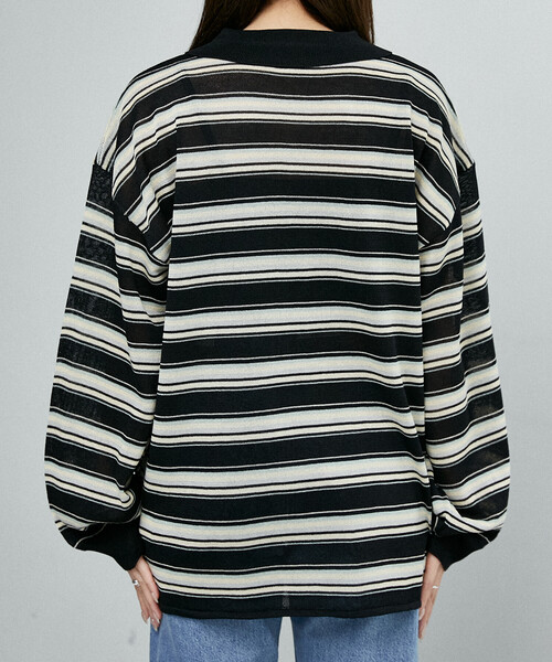 PUBLUX（パブリュクス）の「PUBLUX/パブリュクス ボーダー シアー ポロニット　限定展開（ポロシャツ・レディース・ブラウン/ブラック/ピンク・ﾌﾘ-）」の10枚目の写真