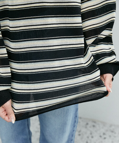 PUBLUX（パブリュクス）の「PUBLUX/パブリュクス ボーダー シアー ポロニット　限定展開（ポロシャツ・レディース・ブラウン/ブラック/ピンク・ﾌﾘ-）」の14枚目の写真