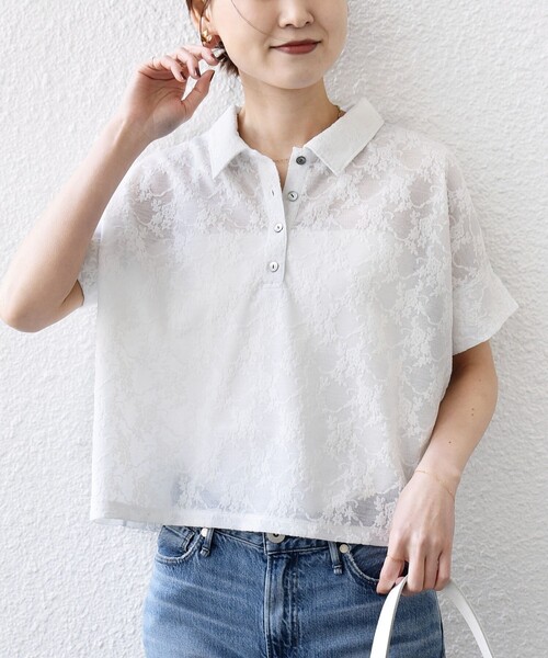 SHIPS(シップス)の「【WEB限定】〈手洗い可能〉シアー ジャカード ポロ 襟 ショート スリーブ プルオーバー(Tシャツ/カットソー・レディース・ライトブルー/ブラック/オフホワイト・ONE SIZE)」の2枚目の写真
