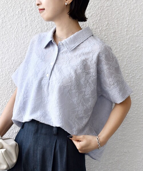 WEB限定】〈手洗い可能〉シアー ジャカード ポロ 襟 ショート スリーブ