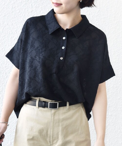 WEB限定】〈手洗い可能〉シアー ジャカード ポロ 襟 ショート スリーブ